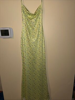 Yellow Flora Slip Dress with Cowl Neck and open back